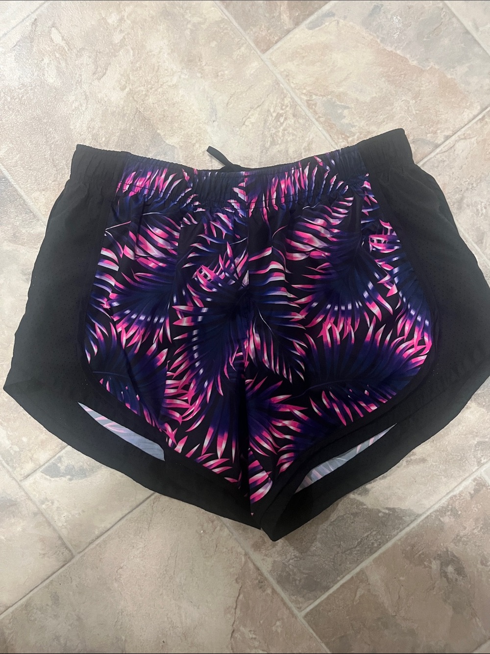 Athletic Works Black Shorts with Pink & Purple Tropical Print
